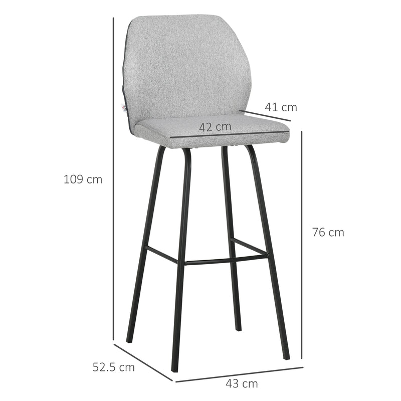HOMCOM Bar Stools Set of 2, Upholstered Kitchen Stools with Back, Footrest