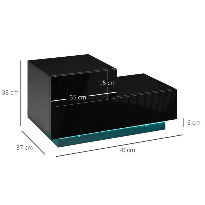 HOMCOM High Gloss Front Bedside Table Nightstand with LED Light Remote Black