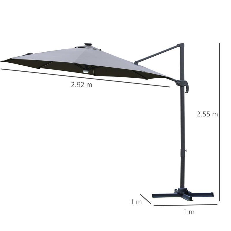 Outsunny 3(m) LED Cantilever Parasol Outdoor with Base Solar Lights Grey