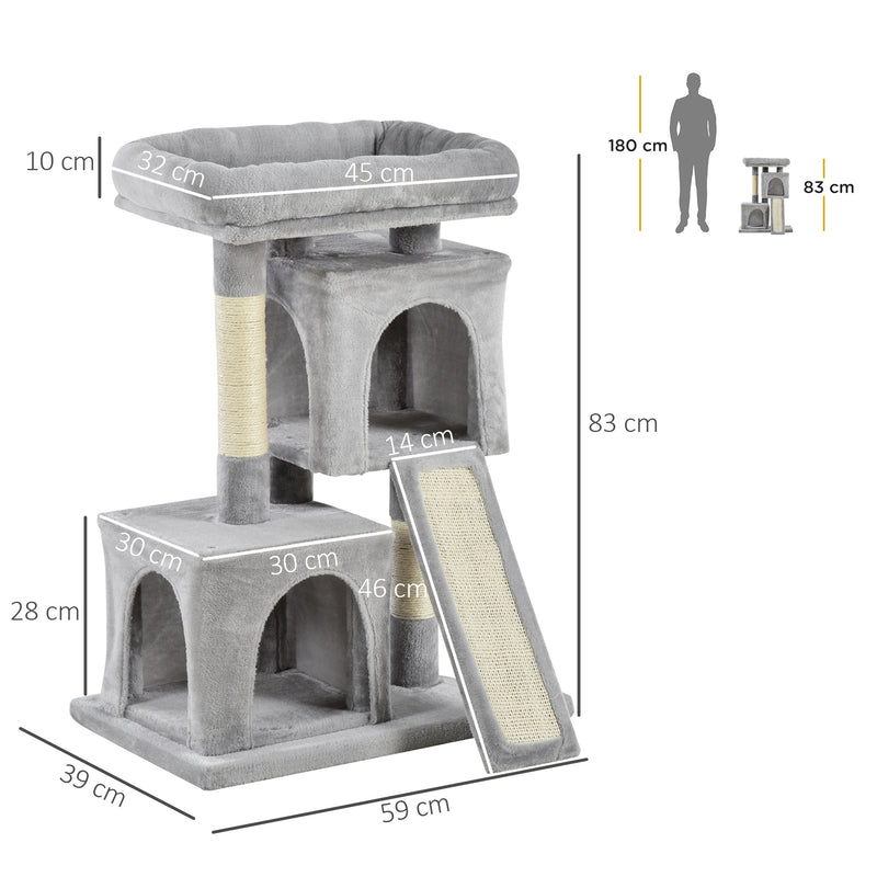 PawHut Cat Rest & Play Activity Tree w/ 2 House Perch Scratching Post Grey