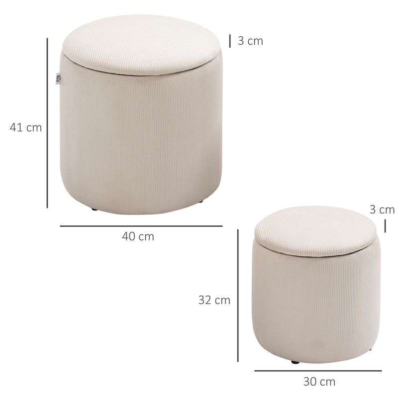 HOMCOM Modern Fabric Storage Ottoman with Removable Lid, Set of 2, White