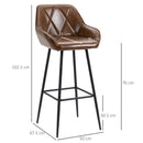 HOMCOM Bar Stools Set of 2 Retro Bar Chairs W/ Backs Footrests Steel Legs Brown