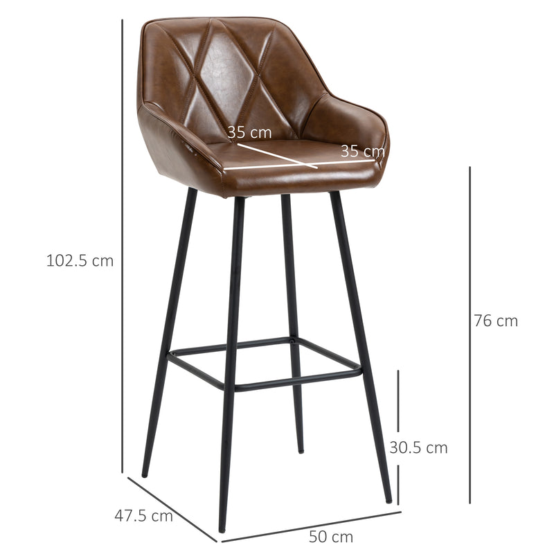 HOMCOM Bar Stools Set of 2 Retro Bar Chairs W/ Backs Footrests Steel Legs Brown
