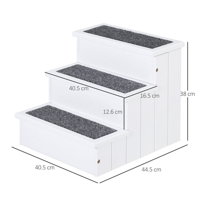 PawHut 3 Step Wooden Dog Steps Pet Stairs Cat Ladder for Bed with Storage White