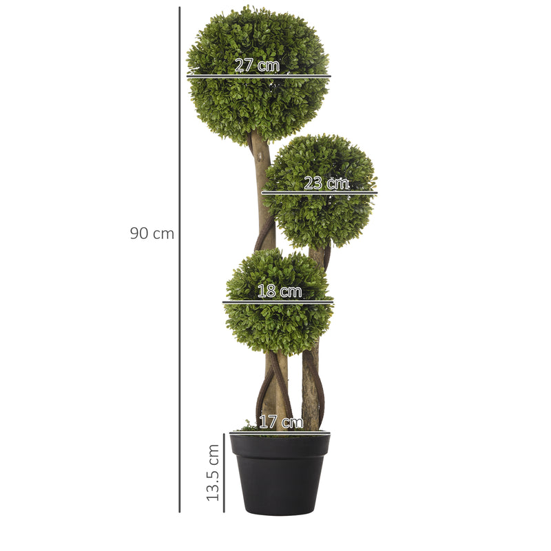 HOMCOM Potted Artificial Plants Boxwood Ball Topiary Trees Indoor Outdoor, 90cm