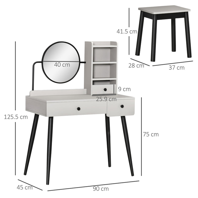 HOMCOM Dressing Table Set with 3 Drawers, Storage shelves and Stool, Grey