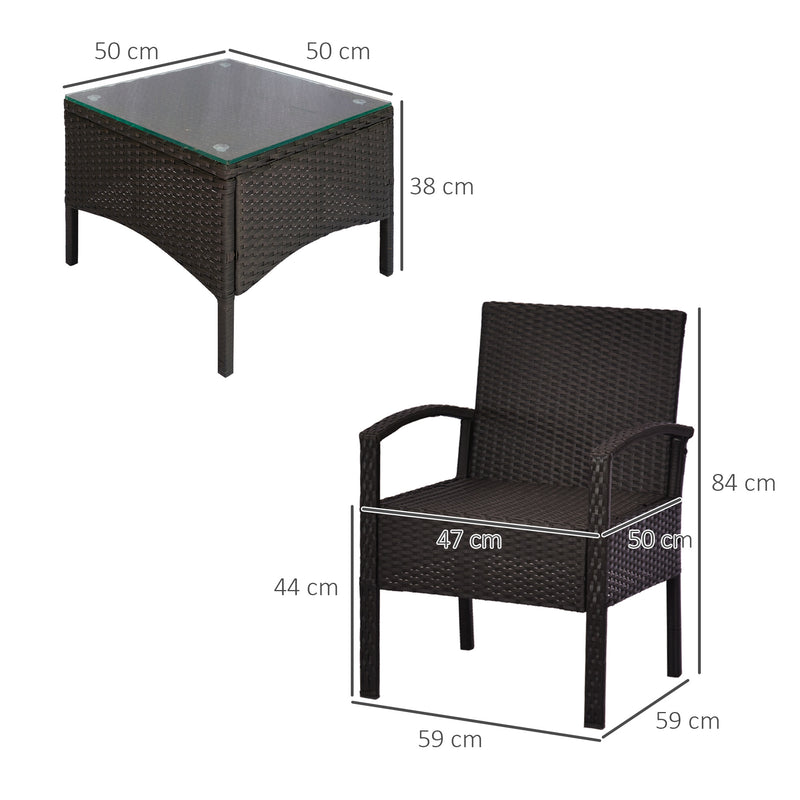 Outsunny 3PC Garden Rattan Bistro Set Balcony Dining Table 2 Seater Chair Brown