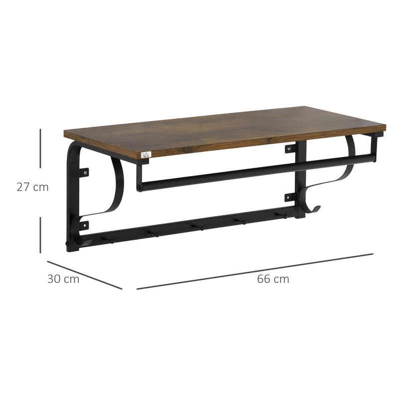 HOMCOM Floating Shelf Wall Mounted Shelf with 5 Hooks and Hanging Rod Brown