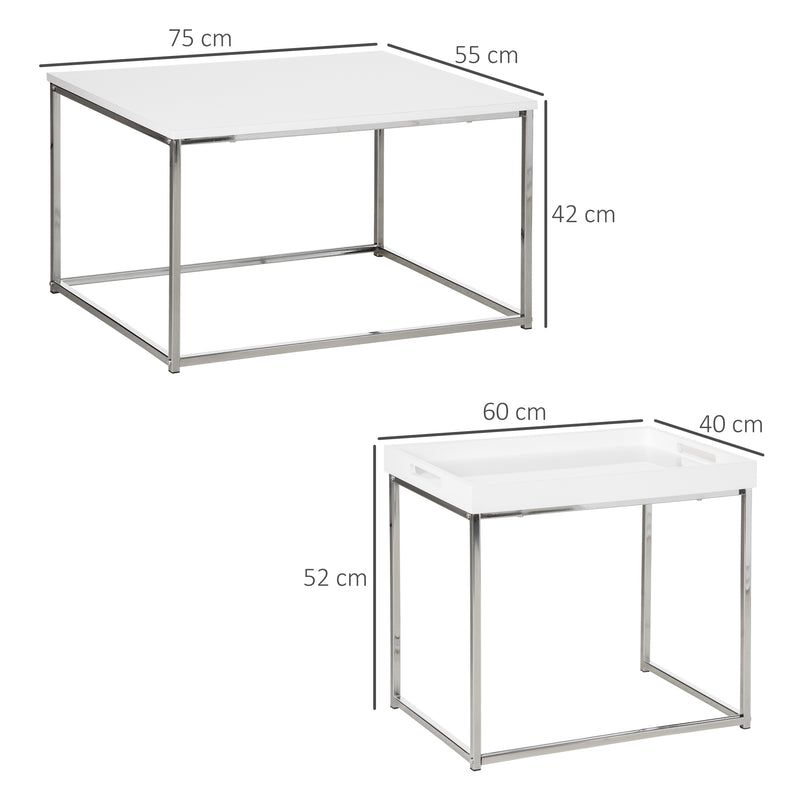 HOMCOM Coffee Table Set of 3 W/ Steel Frame, High Gloss Nest of Tables, White