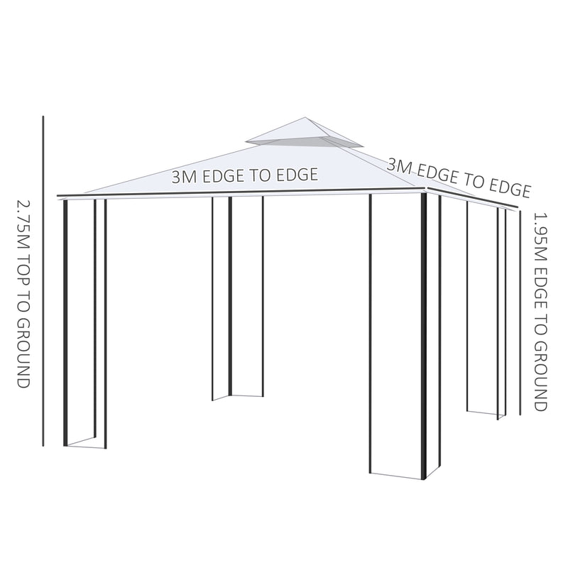 Outsunny 3 x 3(m) Garden Gazebo Double Top Gazebo Canopy w/ Mesh Cream White