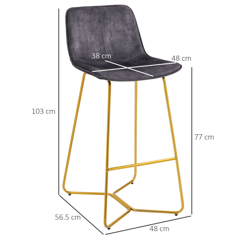 HOMCOM Tall Bar Stools, Set of 2, Fabric Bar Chairs with Metal Legs Grey