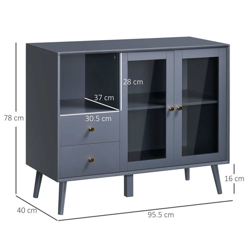 HOMCOM Modern Sideboard, Glass Door Buffet Cabinet with 2 Drawers, Grey