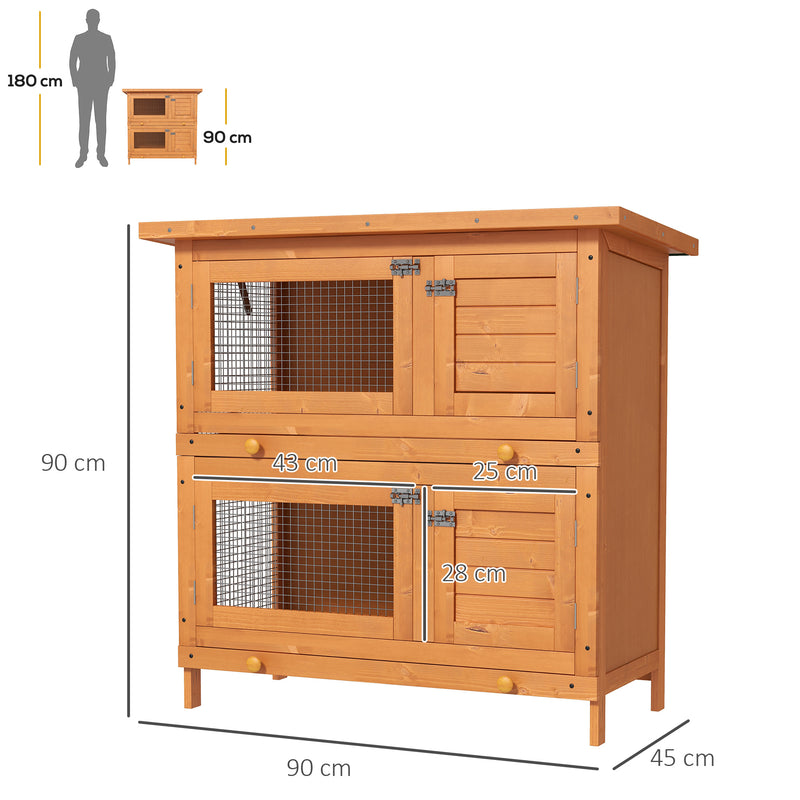 Pawhut 90 x 45 x 90 cm 2 Tiers Rabbit Hutch Wooden Pet Cage W/ Run Bunny House
