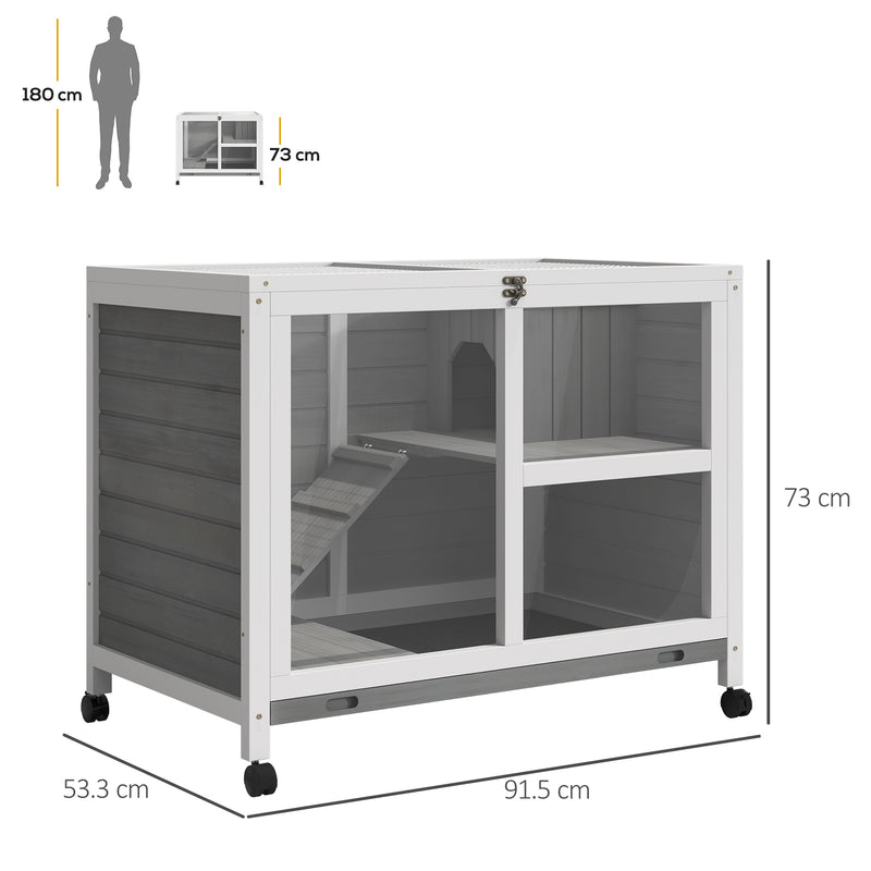 PawHut Wood Rabbit Hutch Bunny Cage Pet House Indoor W/ Tray Ramp, Grey