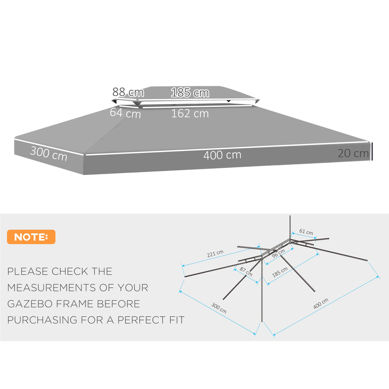 Outsunny 3x4m Gazebo Replacement Roof Canopy 2 Tier Top UV Cover Patio Grey