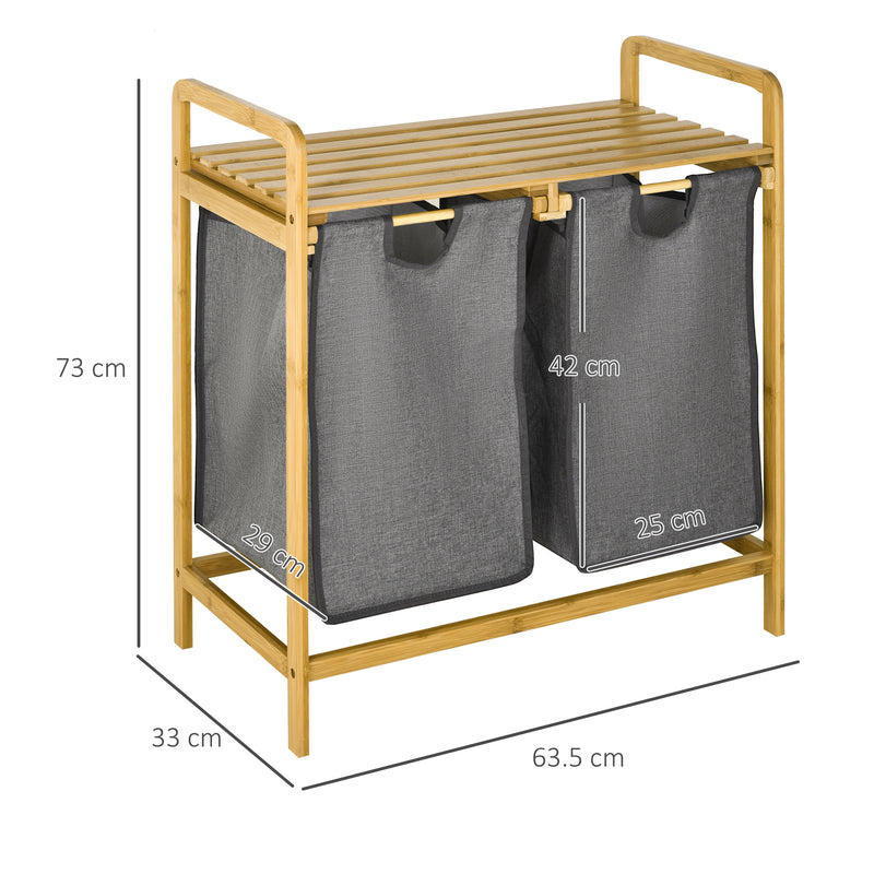 HOMCOM Bamboo Laundry Basket with Shelf Pull-out Bags for Bedroom Laundry Room