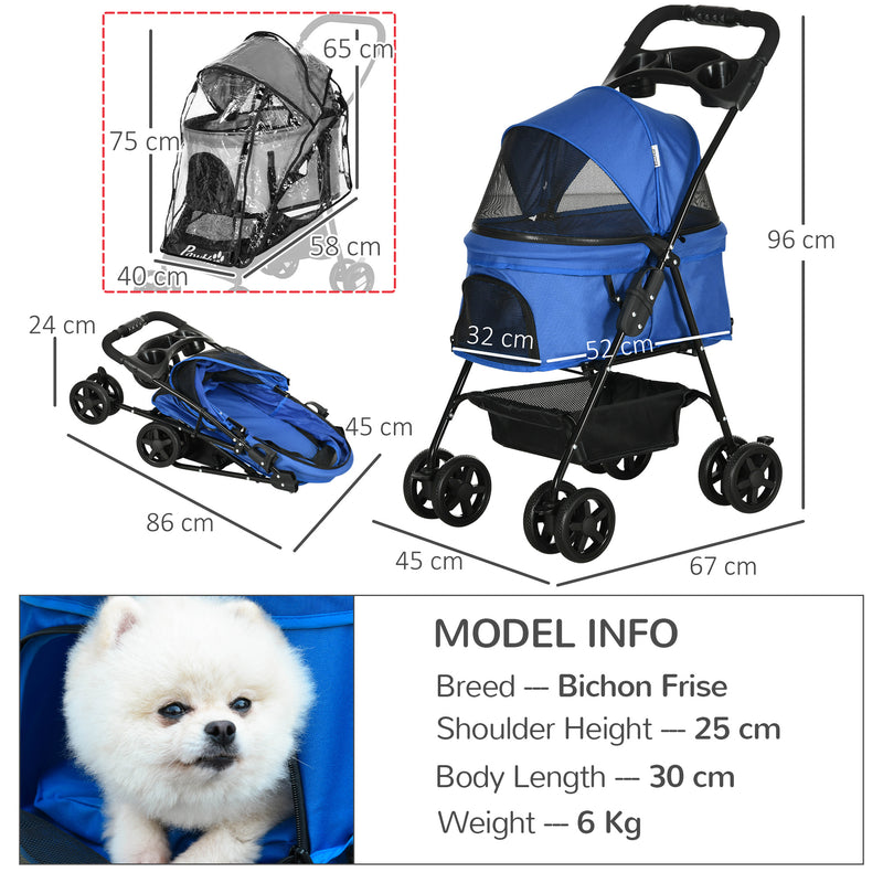 PawHut Dog Stroller with Rain Cover EVA Wheels Brake Basket Adjustable Canopy