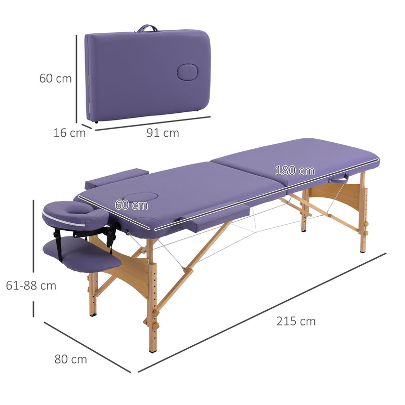 HOMCOM Wooden Folding Spa Beauty Massage Table w/ 2 Sections, Carry Bag, Purple