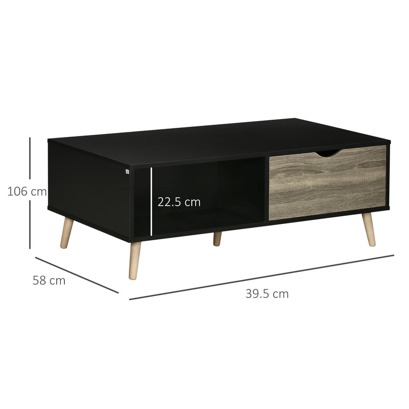 HOMCOM Modern Coffee Tables for Living Room w/ Shelves & Two Drawers, Black