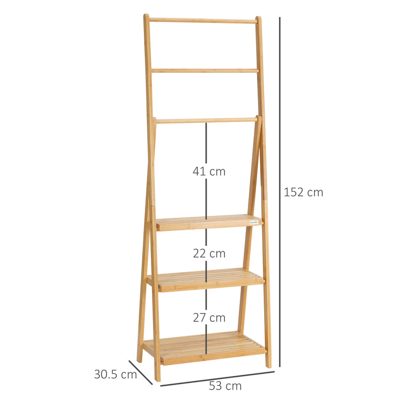 kleankin Foldable Natural Bamboo Towel Rack with 3 Towel Rails and 3 Shelves