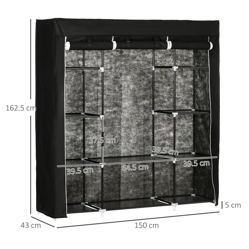 HOMCOM Fabric Wardrobe with 10 Shelves 1 Hanging Rail Foldable Closets Black