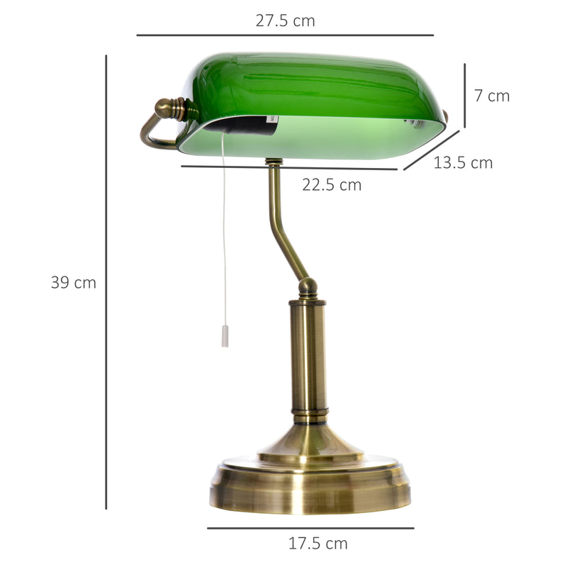 HOMCOM Banker's Table Lamp w/ Bronze Base, Green Glass Shade, Pull Rope Switch