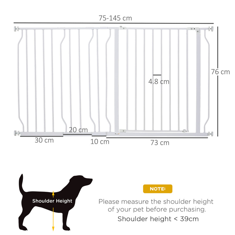 PawHut Dog Gate Wide Stair Gate w/ Door Pressure Fit, 75-145W cm, White