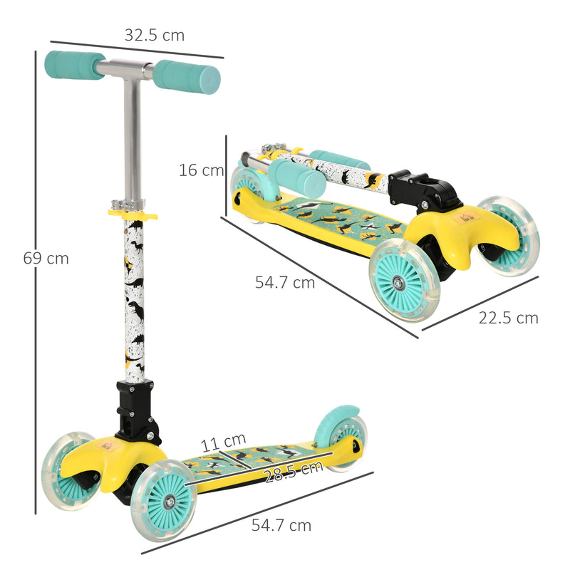 HOMCOM Kids Scooter Foldable Kick Scooter LED Flashing Wheels 3-8 Years Yellow