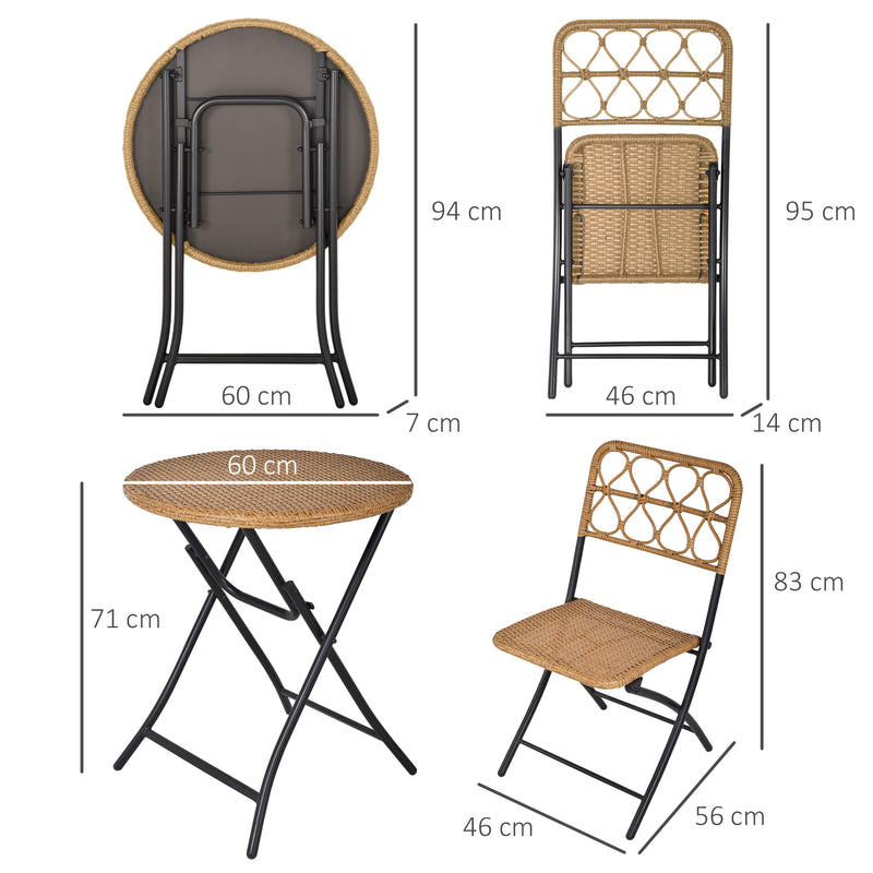 Outsunny 3 PCS Folding Rattan Wicker Bistro Set, Coffee Table Set, Natural