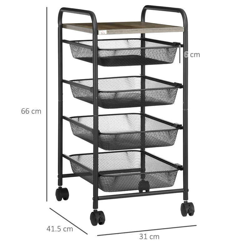 HOMCOM Storage Trolley Rolling Utility Cart with 4 Mesh Basket for Kitchen Black
