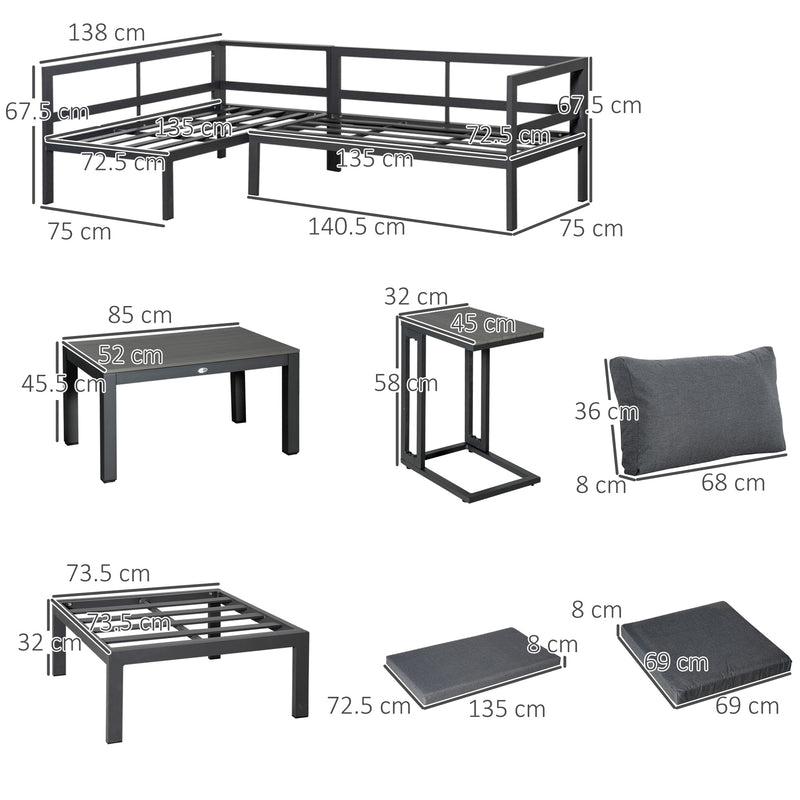 Outsunny 5-Piece Corner Garden Furniture Set w/ 2 Tables, Grey Aluminium Frame