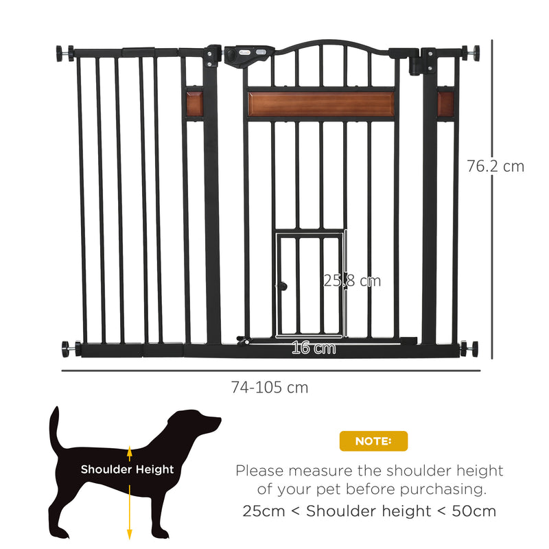 PawHut Dog Gate Pet Safety Gate W/ Cat Door Auto Close Pine Decor 74-105 cm Wide