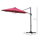 Outsunny 3(m) LED Cantilever Parasol Outdoor with Base Solar Lights Red