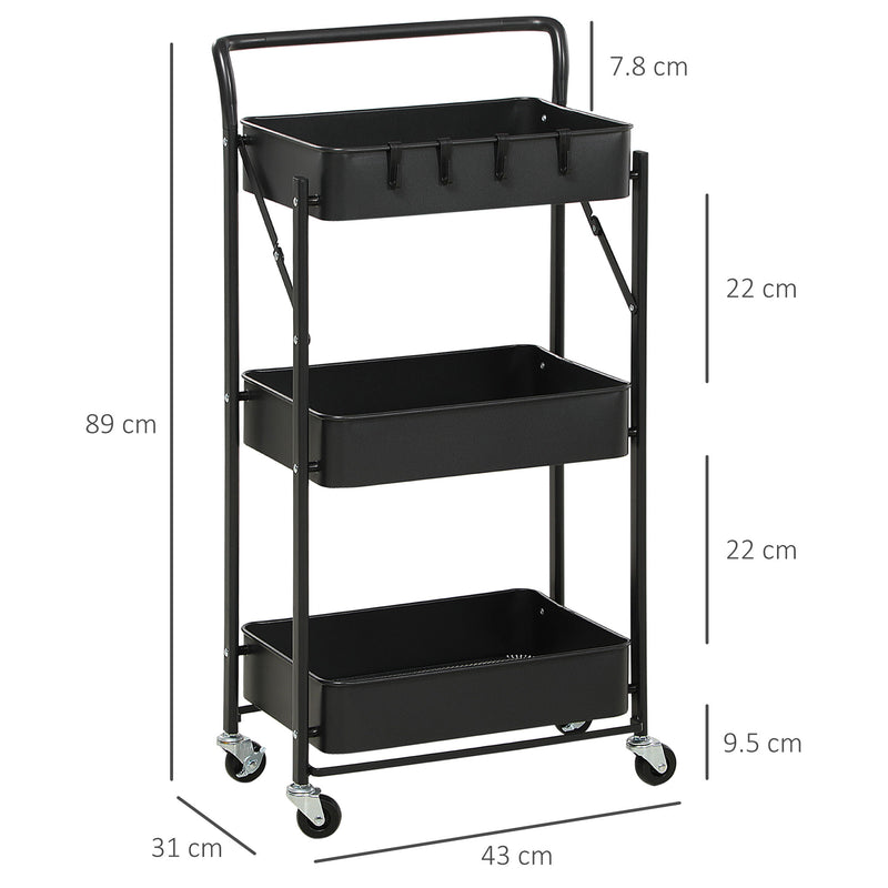 HOMCOM Rolling Utility Cart with 3 Mesh Basket 4 Hooks for Kitchen Black