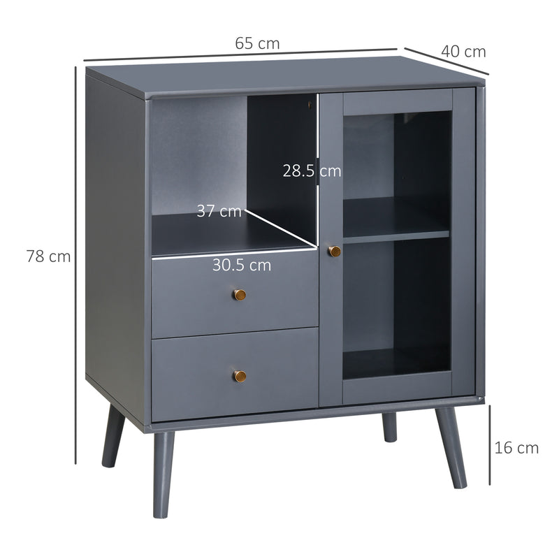 HOMCOM Modern Sideboard Cabinet, Glass Door Cupboard with 2 Drawers, Grey