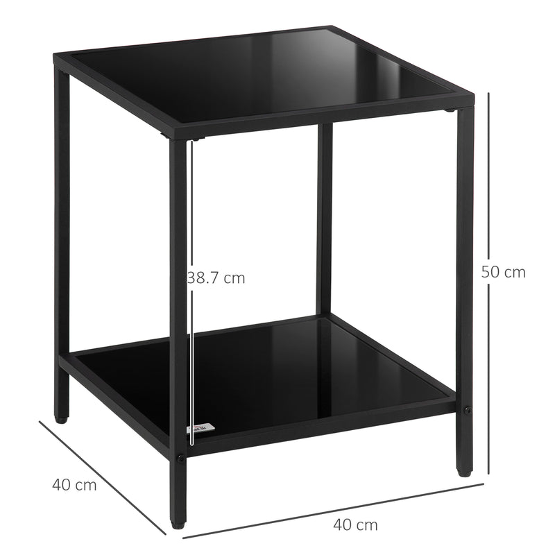HOMCOM Side Table with Tempered Glass Top, End Table with 2-Tier Storage, Black