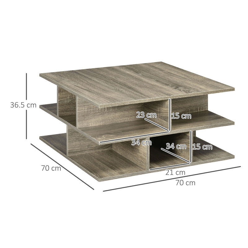 HOMCOM Square Modern 2-Tier Coffee Table with Multiple Storage Shelves Grey