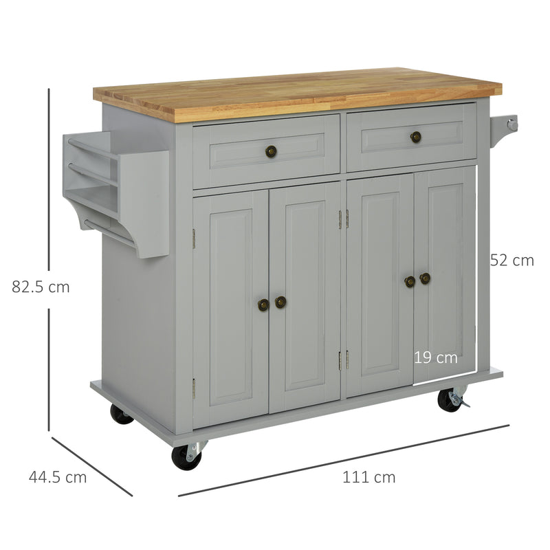 HOMCOM Rolling Kitchen Island Cart with Rubber Wood Top, Spices, and Towel Rack