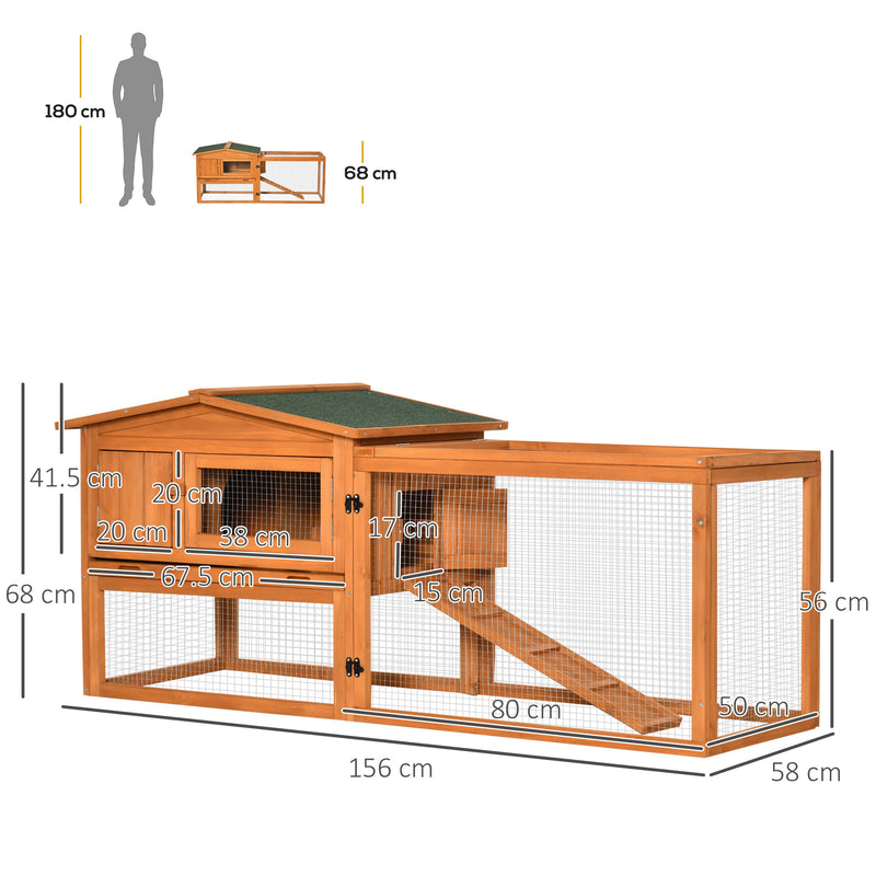 PawHut Rabbit Hutch and Run Outdoor w/ Sliding Tray Hay Rack Ramp, 156x58x68 cm