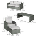Outsunny 6pc Padded Outdoor Rattan Wicker 3-Seat Sofa Recliner Footstool Table - Light Grey