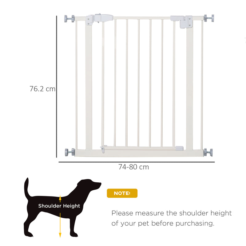 PawHut 74-80cm Adjustable Metal Pet Gate Safety Barrier w/ Auto-Close Door White