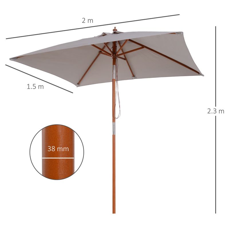 Outsunny Wooden Patio Umbrella Market Parasol Outdoor Sunshade 6 Ribs Grey