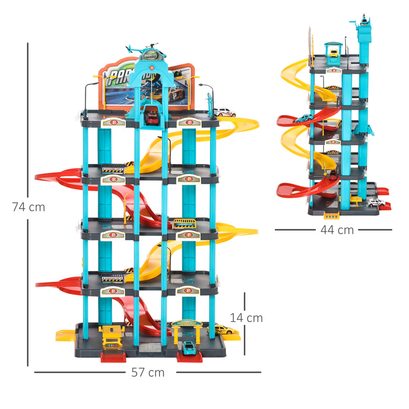 HOMCOM 5-Level Car Parking Garage Toy Race Tracks Car Ramp Set Toddler Car Game