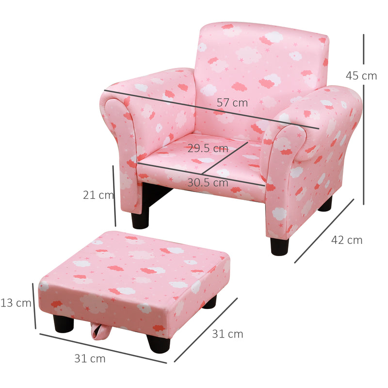 HOMCOM Cute Cloud Star Child Armchair Seat Wood Frame w/ Footrest Padding Pink