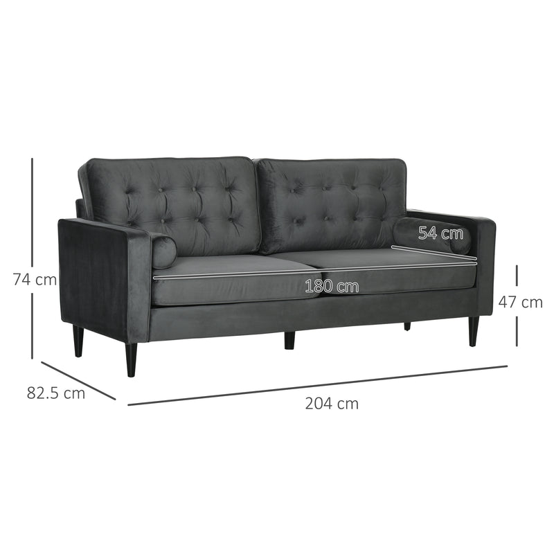 HOMCOM 3-Seater Sofa Velvet Feel Fabric Sofa Couch w/ Cylindrical Pillows, Grey