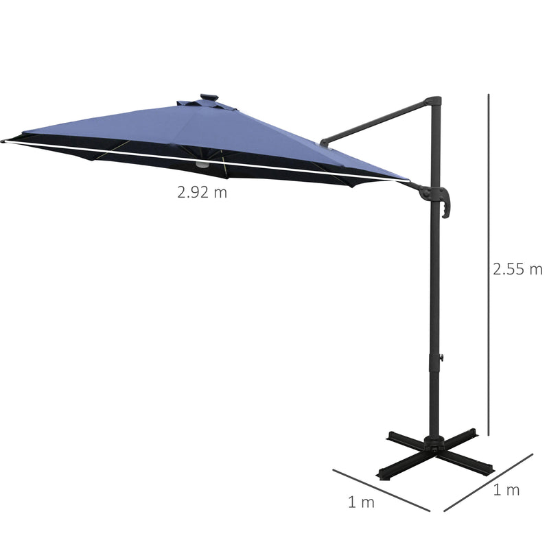 Outsunny 3(m) LED Cantilever Parasol Outdoor with Base Solar Lights Blue
