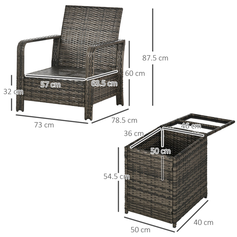 Outsunny 3 Piece PE Rattan Garden Sofa Set w/ 2 Chairs & Storage Table Grey
