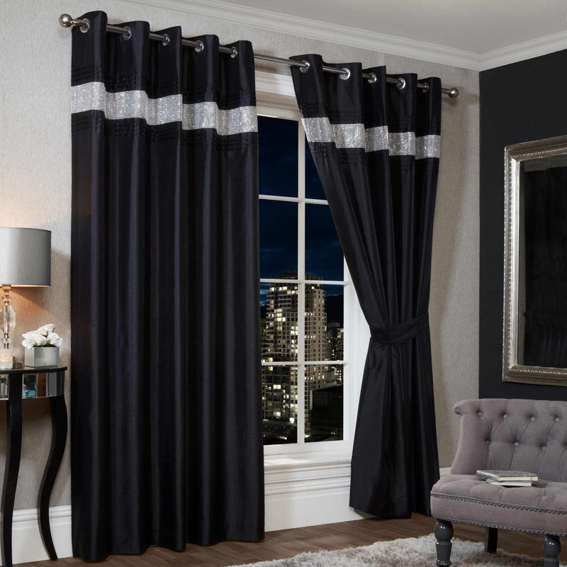 Cannes Eyelet Curtains -  Faux Silk Pintuck Embellished  - Black