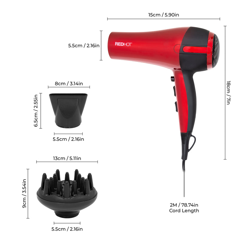 Red Hot 2200W Professional Hair Dryer With Diffuser - Red