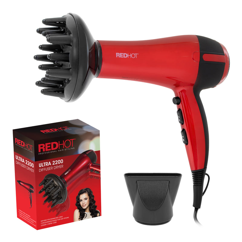 Red Hot 2200W Professional Hair Dryer With Diffuser - Red